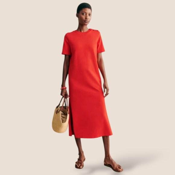 Sezane Emy dress orange organic cotton minimalist column slit slip midi dress S - Picture 2 of 9